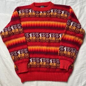 Vintage Peruvian Alpaca Wool Knit Sweater Red Multicolor Llama Pattern